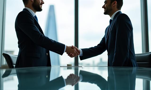 Two professionals shaking hands in a London office