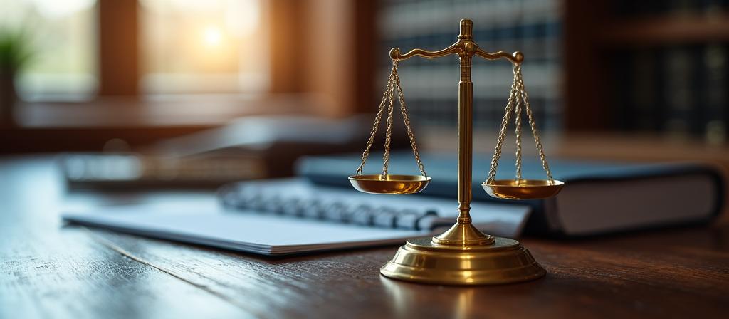 Lawyer reviewing documents with scales of justice in a professional office environment